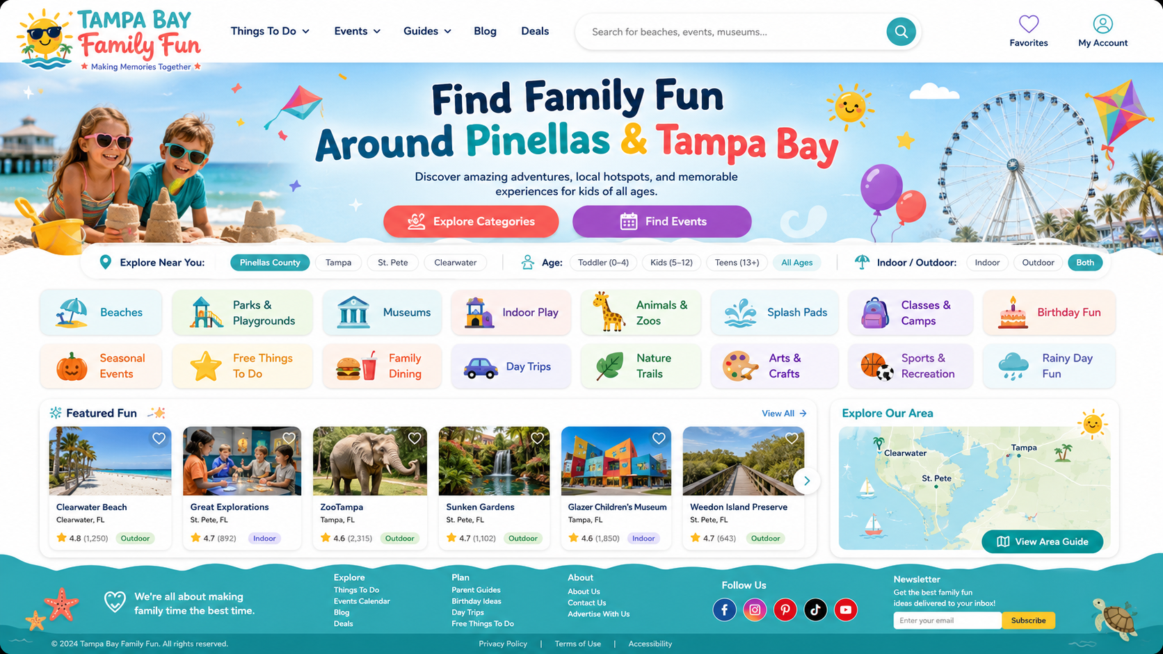 Colorful Kidsness.com family fun directory homepage mockup with clickable hotspots